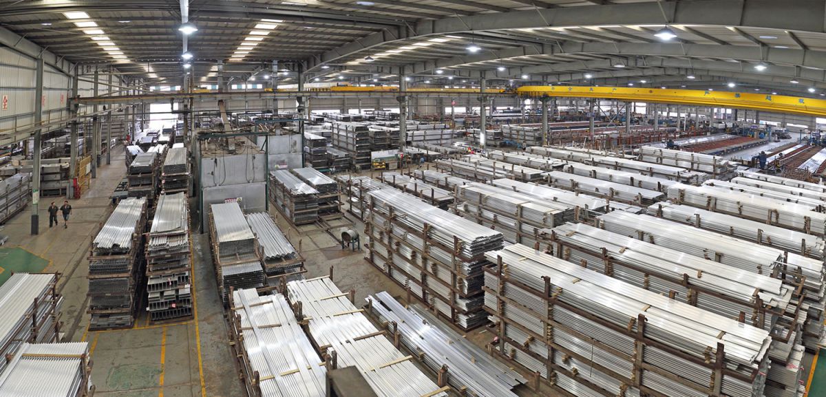 Aluminium profiles stored in a modern warehouse